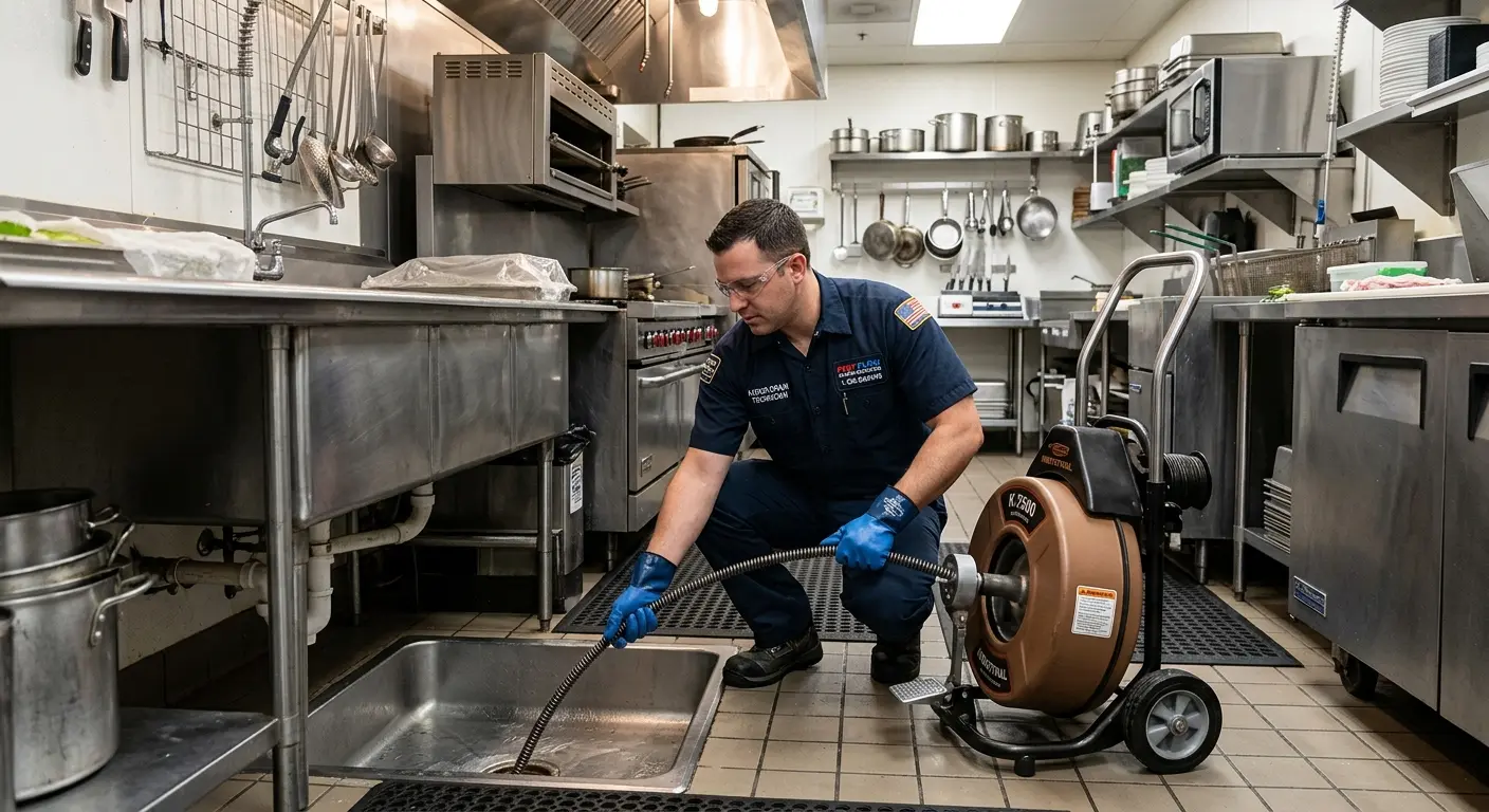 Commercial drain cleaning service in a restaurant kitchen in Newington