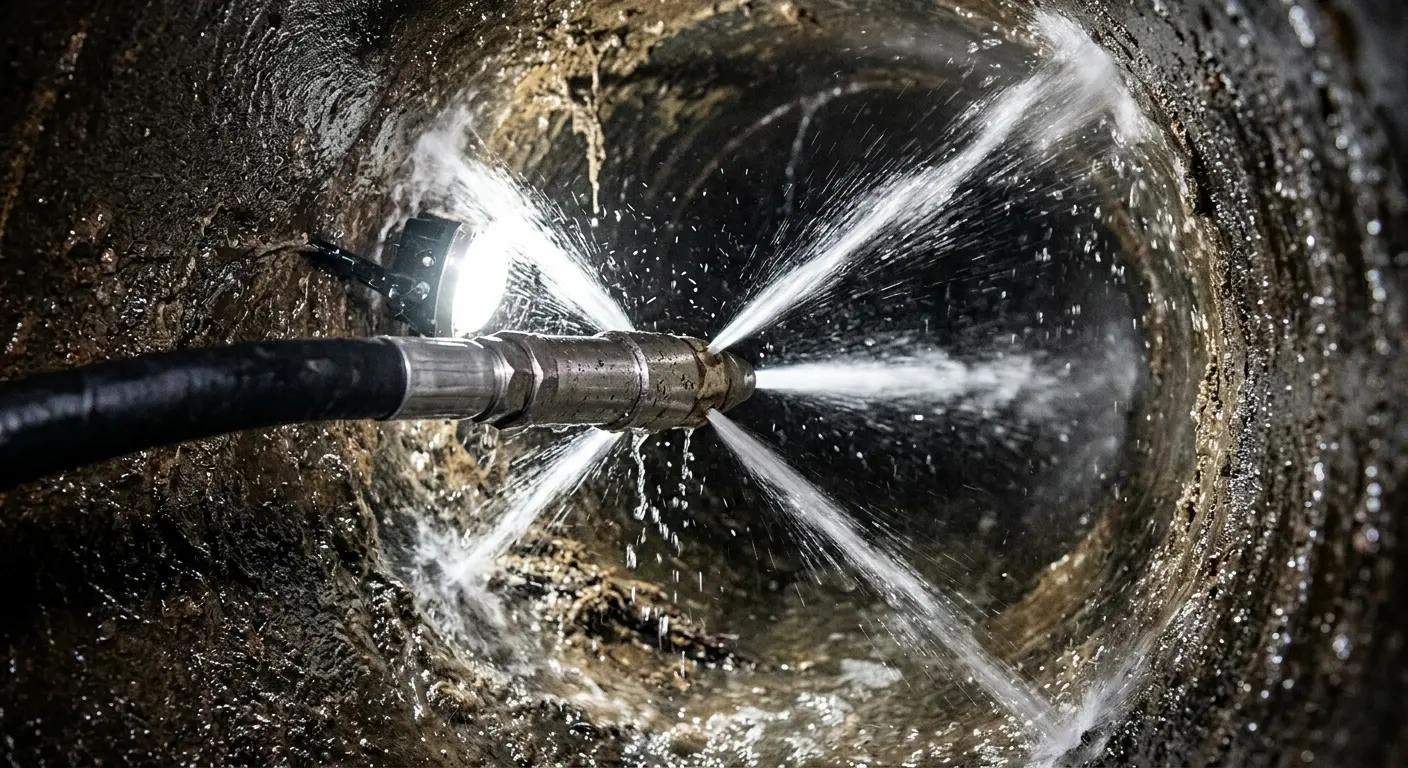 High-pressure hydro jetting nozzle cleaning sewer pipe for Sewer Cleanout in Newington