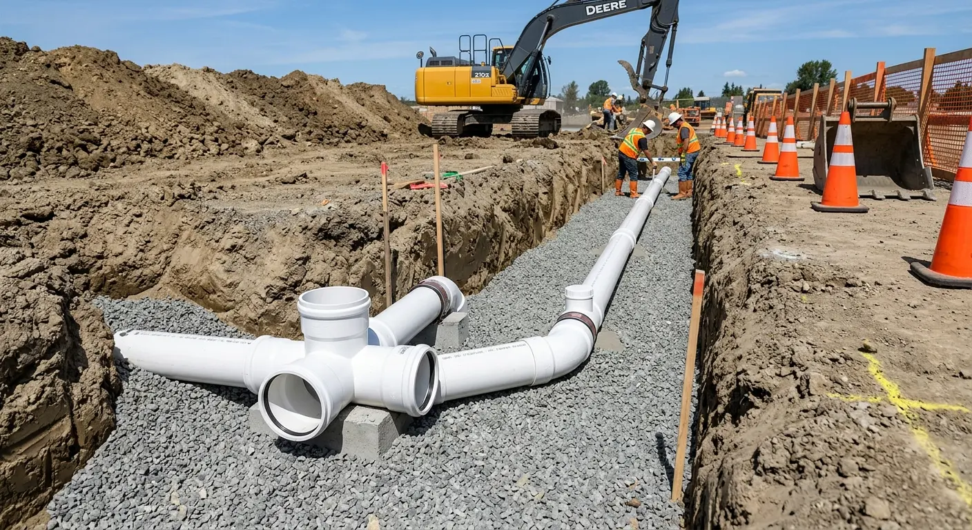 New PVC sewer pipe installation in open trench for Sewer Backup in Newington