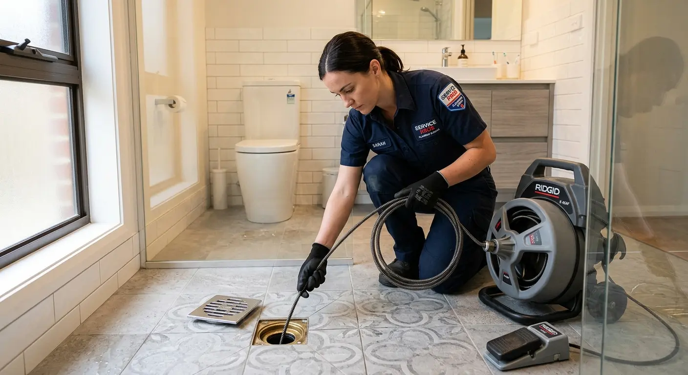 Technician clearing a bathroom floor drain for Drain Cleaning in Newington